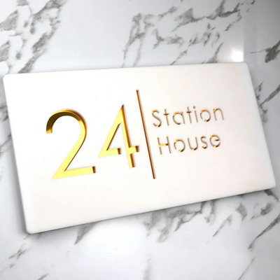 Door Name Plate - White & Gold Mirror Floating House Sign